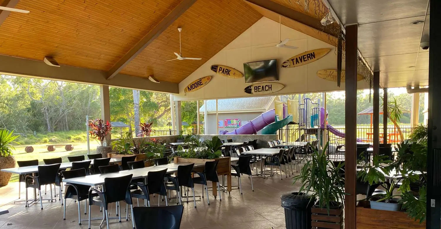 Covered outdoor dining area at Moore Park Beach Tavern